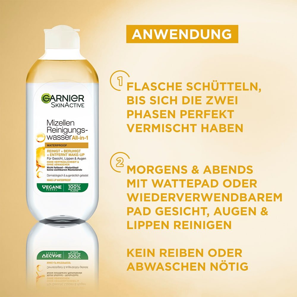 Anwendungshinweise Garnier Mizellen Reinigungswasser All-in-1 Waterproof Produktbild